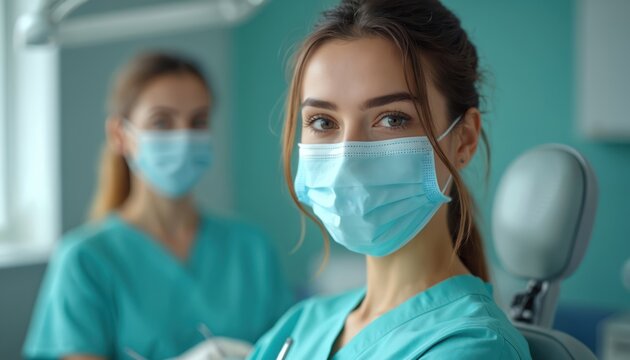 Young female dentist wears blue mask in clinic. Another dentist in teal uniform works in background. Ready for dental examination, pro medical care. Healthy smile. - Powered by Adobe