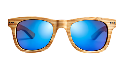 Wooden frame sunglasses with blue lens isolated on transparent background for summer