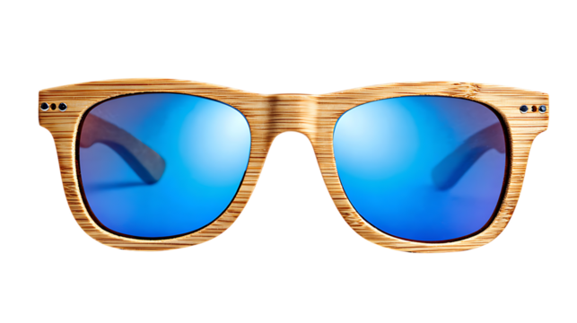 Wooden frame sunglasses with blue lens isolated on transparent background for summer