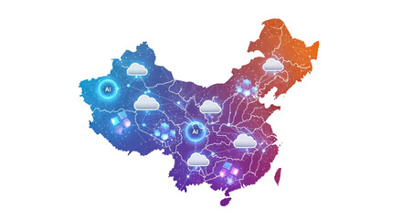 Digital Map of China with Connected Cloud Icons Representing Global Network and Data Flow