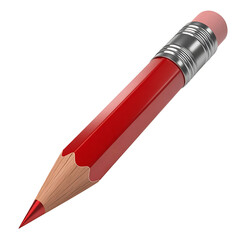 A bright red hexagonal pencil with a silver ferrule and pink eraser isolated on transparent background
