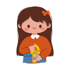 A smiling child in a cozy outfit holds a wrapped present, wearing a festive party hat. The young girl joyfully clutches a gift box while celebrating. Cartoon vector illustration.