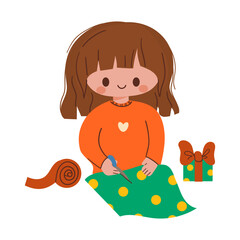 A smiling child in a cozy outfit holds a wrapped present, wearing a festive party hat. The young girl joyfully clutches a gift box while celebrating. Cartoon vector illustration.