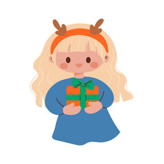 A smiling child in a cozy outfit holds a wrapped present, wearing a festive party hat. The young girl joyfully clutches a gift box while celebrating. Cartoon vector illustration.