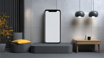 Showcasing a smartphone in a modern living room digital display minimalist design sleek aesthetic