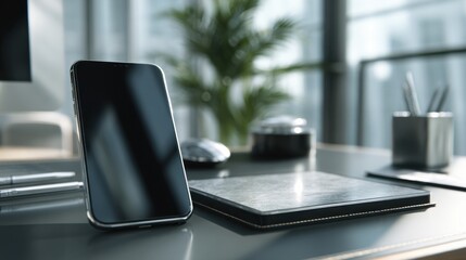 Workstation setup with smartphone office technology image modern environment close-up perspective