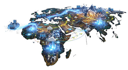 Global network of interconnected cities and infrastructure illuminating the planet with vibrant digital energy and technological advancement