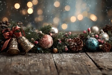 Festive christmas garland with pine cones ornaments and bells on a rustic wooden table with bokeh lights
