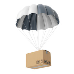 Brown cardboard shipping box suspended by a parachute isolated on transparent background