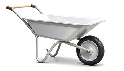 A 3D render of an empty, light-gray wheelbarrow with a wooden handle and a single, black tire