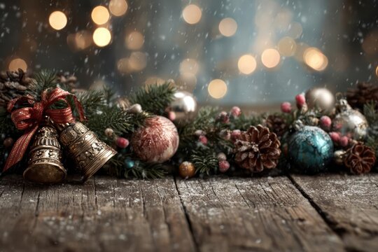 Festive christmas garland with pine cones ornaments and bells on a rustic wooden table with bokeh lights