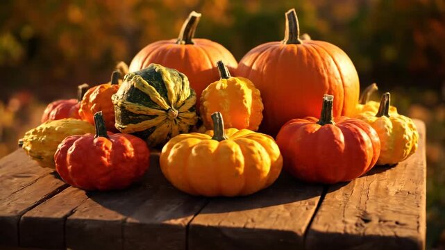 A bountiful arrangement of colorful autumn pumpkins and gourds slowly rotates on a rustic wooden surface reflecting warm, golden hour light healthy food, organic, decor