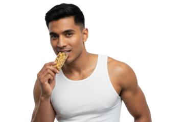 Muscular Indian man enjoying protein bar for healthy lifestyle, isolated on a transparent background