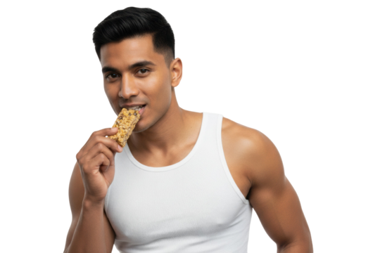 Muscular Indian man enjoying protein bar for healthy lifestyle, isolated on a transparent background