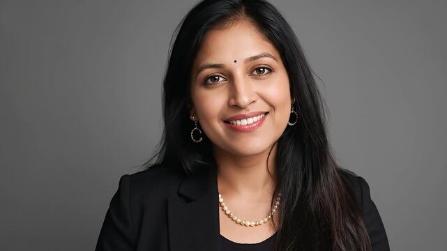 Smiling Indian Woman Professional Portrait with Bindi. Confident South Asian Businesswoman in Black Blazer, Exuding Warmth and Approachability on a... - Powered by Adobe