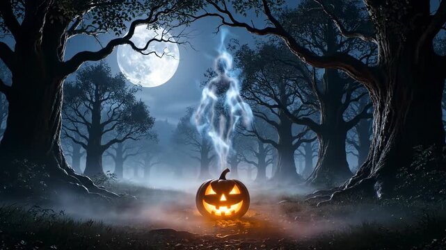 A charming spectral entity silently hovers over a single glowing pumpkin in an atmospheric, moonlit, enchanted forest clearing at dusk light, magic, nocturnal