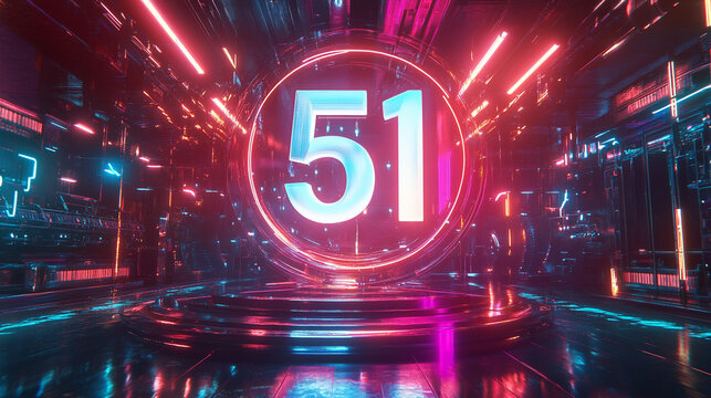 Neon Party Countdown 51 on the podium. Vibrant neon countdown display with futuristic lighting, ideal for event promotions or digital countdown screens.