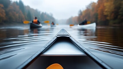 Scenic Autumn Kayaking Adventure on Calm Waters with Reflective Trees and Paddlers