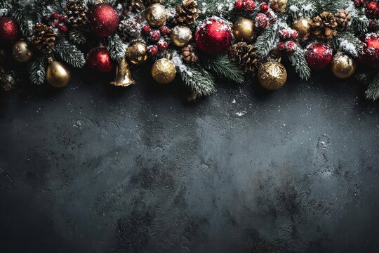 Festive christmas garland with red baubles pinecones and frosted fir branches arranged on a dark textured background - Powered by Adobe