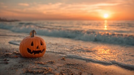 Jack-o'-lantern sits on sandy beach during sunset with waves gently washing ashore, creating a unique Halloween scene in a coastal setting