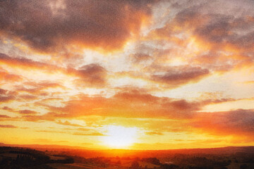 Fototapeta premium Dramatic Sunset Sky with Fiery Clouds and Vibrant Golden Horizon. Colorful Evening Landscape, Dramatic Light, Atmospheric Cloudscape, Nature Background Photography