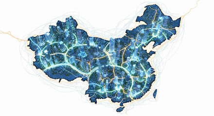 Futuristic glowing map of China showing intricate network connections and transportation routes illuminated with vibrant light