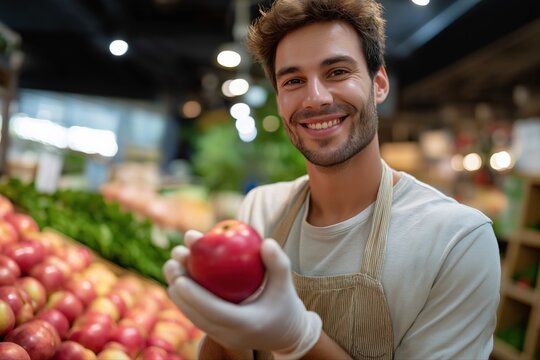Young caucasian male grocer holding apple in produce aisle of grocery store