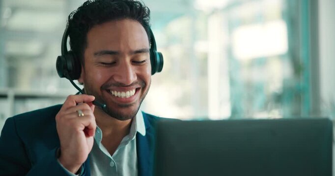 Laptop, call center and happy businessman talk for language translation, contact us and help. Computer, hotline and speaking with agent for advisory, multilingual support and customer service