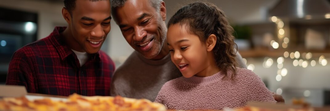 Happy african family enjoying pizza together in cozy kitchen setting