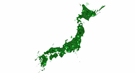 Map of Japan with glowing green dots representing cities and populated areas