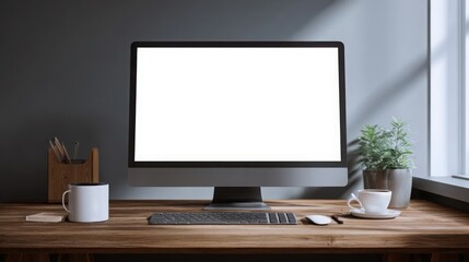 Fototapeta premium black blank screen computer mockup on a wooden desk with office, with copy space for text. background of a grey wall and window light.