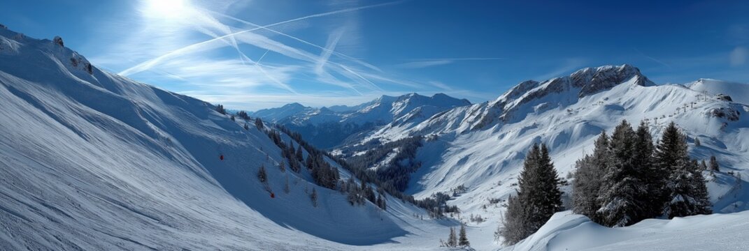 Stunning panoramic view of snow-covered alpine mountain range with clear blue sky