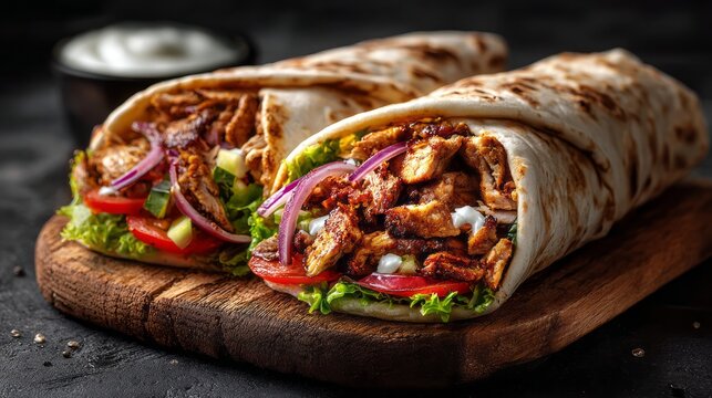 Delicious chicken shawarma durum wrap with kafta and pita roll, traditional middle eastern doner kebab sandwich, freshly prepared street food with copy space for menu or recipe design