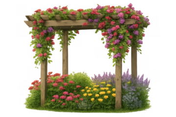Wooden garden pergola arch covered in climbing roses and colorful blooming flowers, creating a romantic outdoor setting