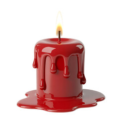 A single red candle with dripping wax and a bright flame isolated on transparent background