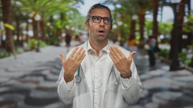 Man in white coat holds hands up on sunlit street lined with palm trees and wears stethoscope around neck; confusion.