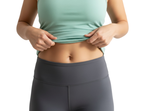 Toned woman in activewear showing abdomen fitness, isolated on a transparent background
