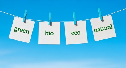 Eco-Friendly Concept 'Green', 'Bio', 'Eco', 'Natural' Words on Hanging Notes Against Blue Sky