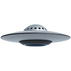 Classic silver flying saucer with dome and lights isolated on transparent background