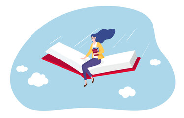 A woman flying on a giant open book, holding more books. It symbolizes the power of knowledge and reading to take you to new heights and adventures.