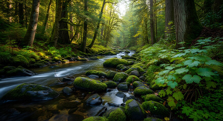 A tranquil stream flows over mossy rocks in a vibrant green forest.