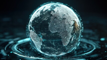 Digital representation of Earth with glowing grid and data visualizations in dark space