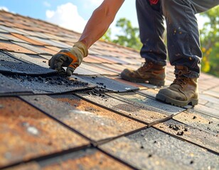 Roofing contractor repairs damaged shingles on roof surface with safety gear for work