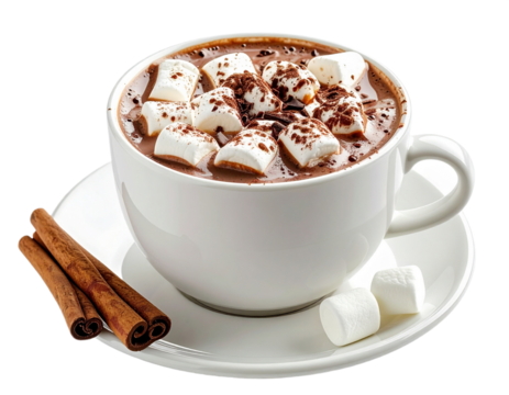 Hot chocolate with marshmallows and cinnamon sticks isolated on white background, transparent PNG