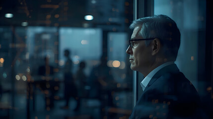 Serious ceo ponders use of ai technology to replace employees, looking out window with thoughtful and melancholic expression at city night lights