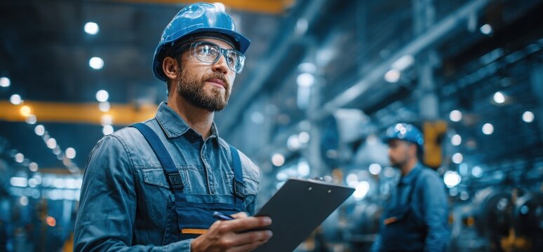 Engineer in overalls and a helmet with glasses, holding a clipboard in the background of a production line, inside a factory with a blue color theme.