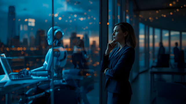 Thoughtful CEO ponders use of AI technology to replace employees in modern office at night reflecting on future of business and workforce
