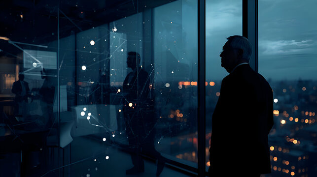 Pensive ceo ponders use of ai technology to replace employees while looking out at city skyline at night. man in silhouette reflects on difficult decision
