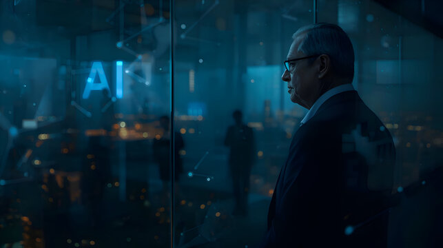 In futuristic office serious ceo ponders controversial use of ai technology to replace his employees looking out over neon cityscape at night