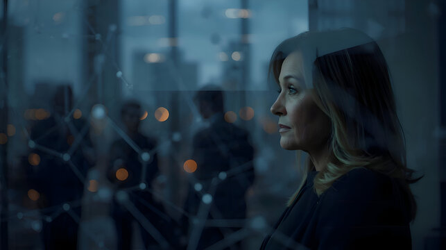 In futuristic office at night, serious ceo ponders future and use of ai technology to replace human employees, complex and thoughtful business decision